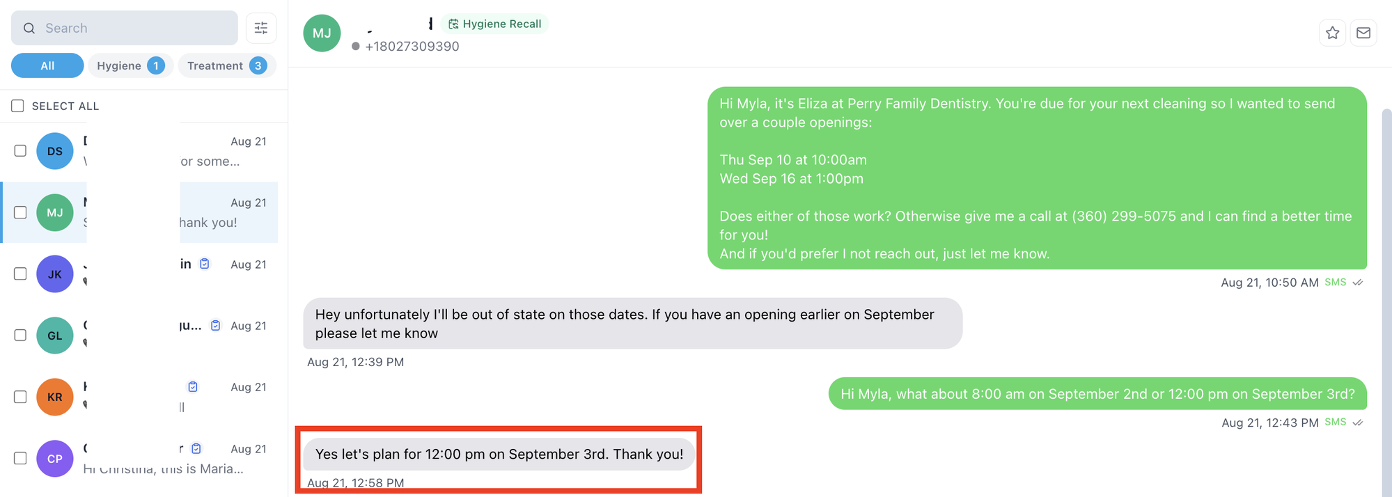 A real hygiene recall conversation: openings offered, the patient asks for an earlier date, the coordinator reschedules, the patient confirms