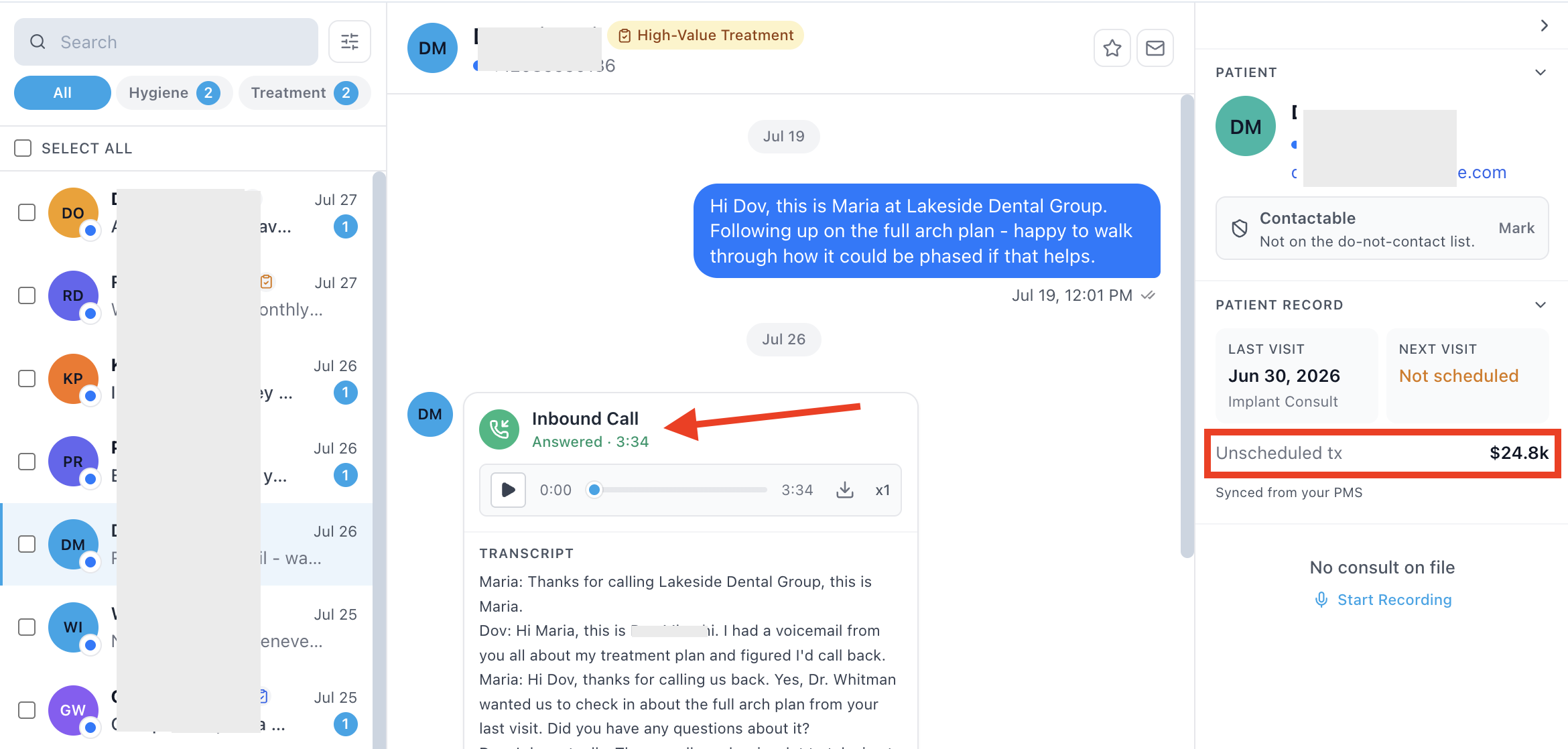 Inbox thread: a follow-up text on a treatment plan, the patient calls back, and the coordinator answers the call